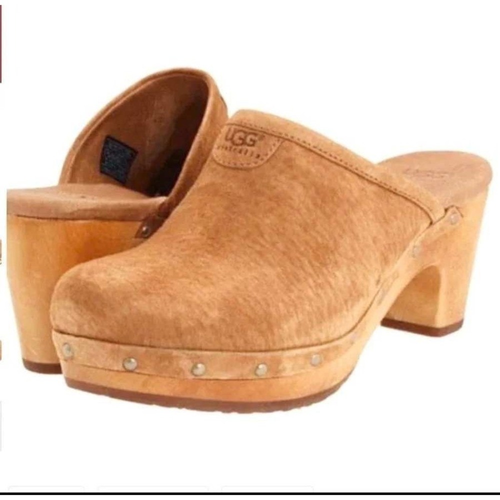 UGG Abbie Clog Suede‎ Platform Mule Studded Wooden Heel Shoes Slip-On Size 9